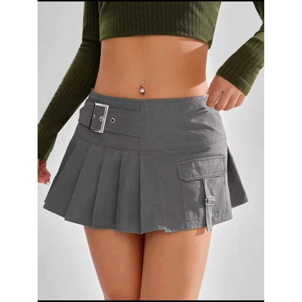 Cotton Gray Pleated Mini Skirt with Buckle & Pocket XS